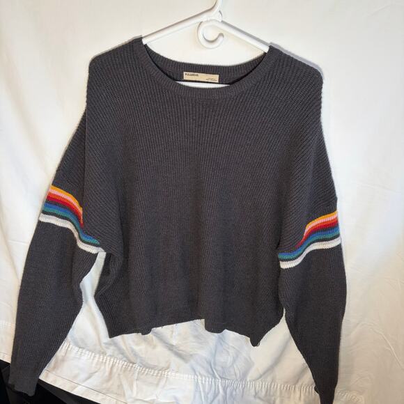 Pull & Bear women’s grey crew neck sweater. Rainbow stripe sleeves. Size M. - Picture 2 of 5